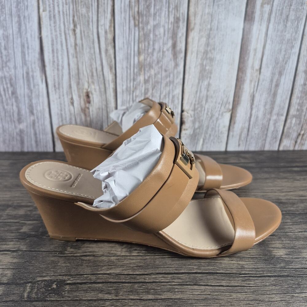 Tory Burch GIGI 65mm Wedge Royal Tan Leather Sandals Open Toe Women's Sz 11 M - Picture 3 of 9